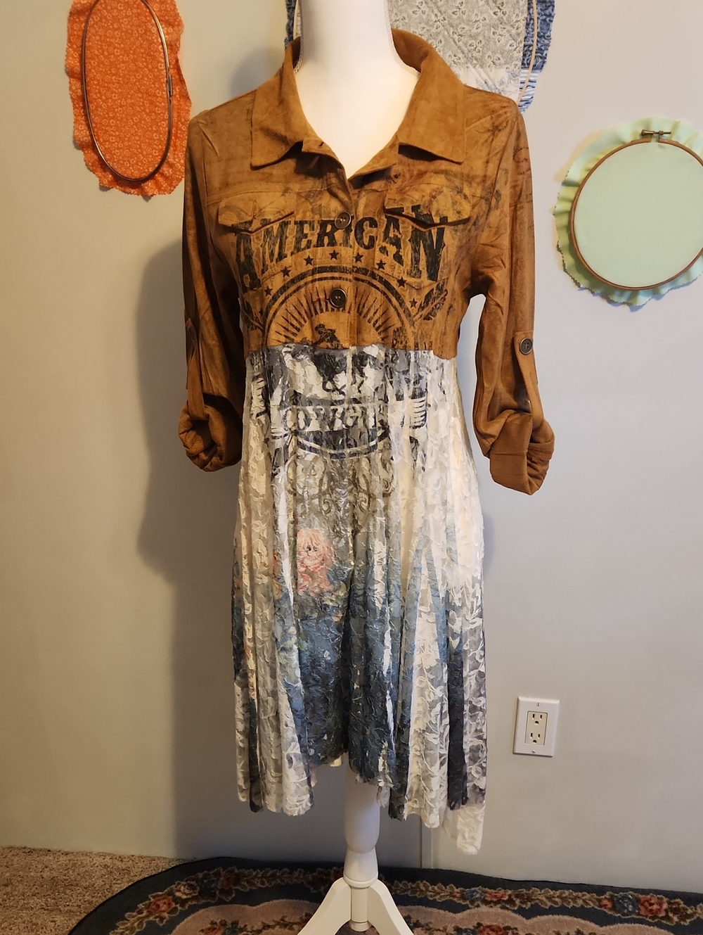 Rust Brown and Cream Mixed-Media Top